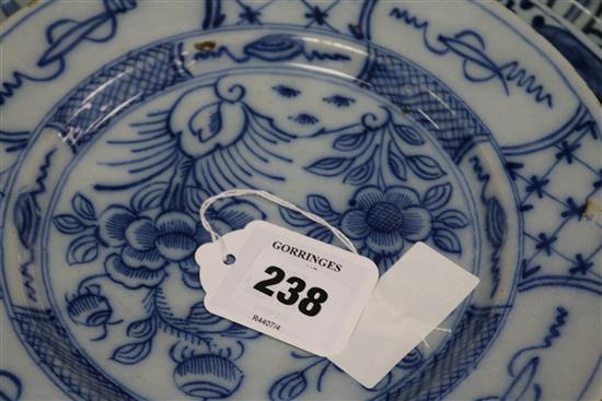 Three 18th century Delft plates Largest 13.5in.